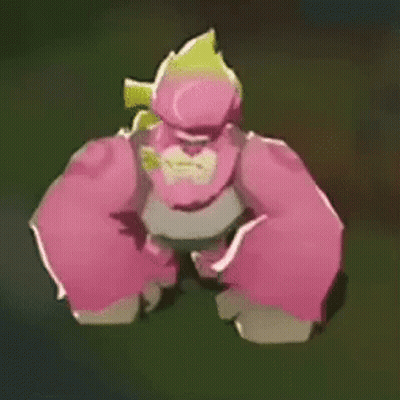 A Pink Gorilla With A Yellow Hat Is Standing On A Green Surface . GIF