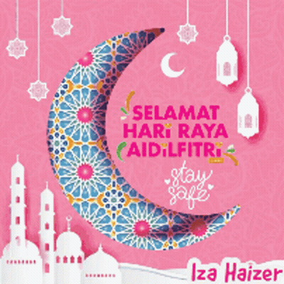 A Pink Greeting Card With A Crescent Moon And Mosques Says " Selamat Hari Raya Aidilfitri " GIF
