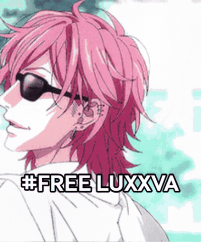 A Pink Haired Anime Character With Sunglasses And The Words #Free Luxxva Below Him GIF