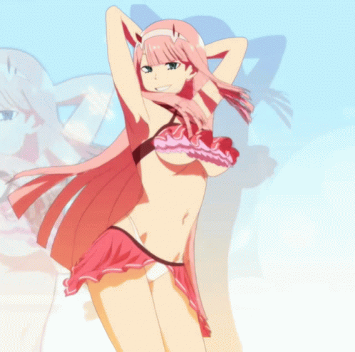 A Pink Haired Anime Girl In A Bikini Is Dancing GIF