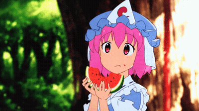 A Pink Haired Anime Girl Is Holding A Slice Of Watermelon GIF
