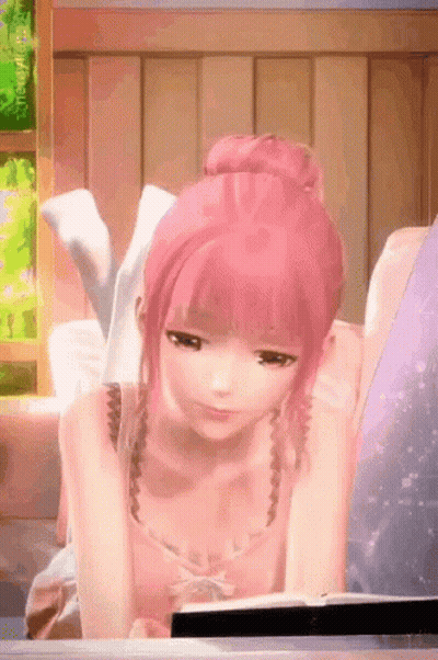 A Pink Haired Anime Girl Is Laying On A Couch Reading A Book . GIF