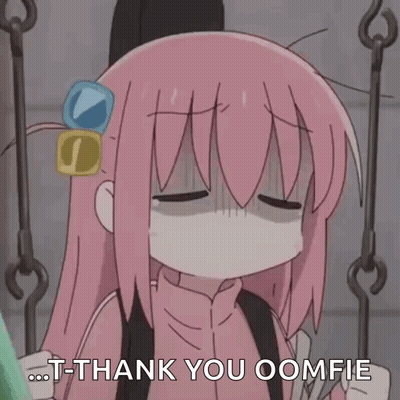 A Pink Haired Anime Girl Is Sitting On A Swing With Her Eyes Closed And Says T-Thank You Oomfie . GIF