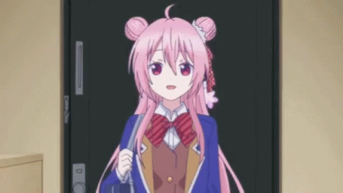 A Pink Haired Anime Girl Is Standing In Front Of A Door GIF