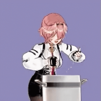 A Pink Haired Anime Girl Is Standing Next To A White Box With Two Handles . GIF