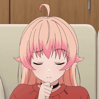 A Pink Haired Anime Girl With Her Eyes Closed And Her Hand On Her Chin GIF