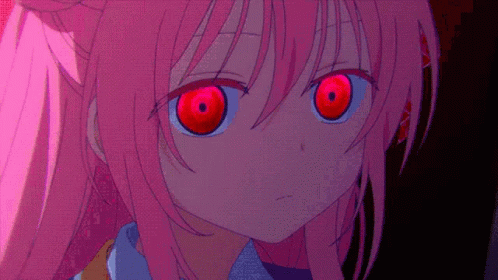 A Pink Haired Anime Girl With Red Eyes GIF