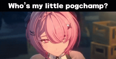 A Pink Haired Anime Girl With The Words Who 'S My Little Pogchamp Written Above Her GIF
