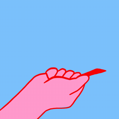 A Pink Hand Is Holding A Red Card With A Blue Background GIF