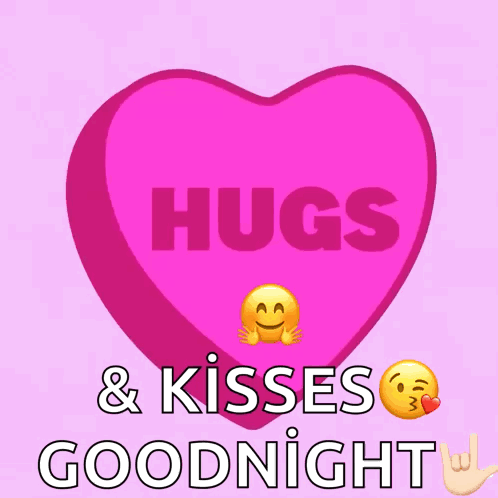 A Pink Heart With The Words Hugs And Kisses Goodnight GIF