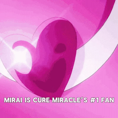 A Pink Heart With The Words Mirai Is Cure Miracle 'S # 1 Fan Written On It GIF