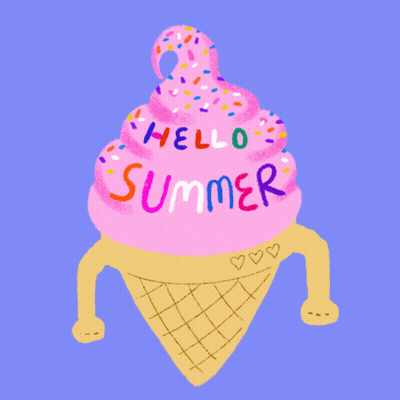A Pink Ice Cream Cone With Sprinkles And The Words Hello Summer Written On It GIF