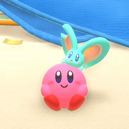 A Pink Kirby And A Blue Bunny Are On A Sandy Beach GIF