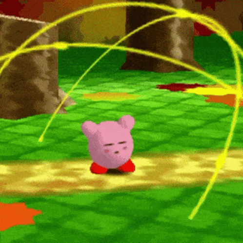 A Pink Kirby In A Video Game Is Surrounded By A Yellow Beam GIF