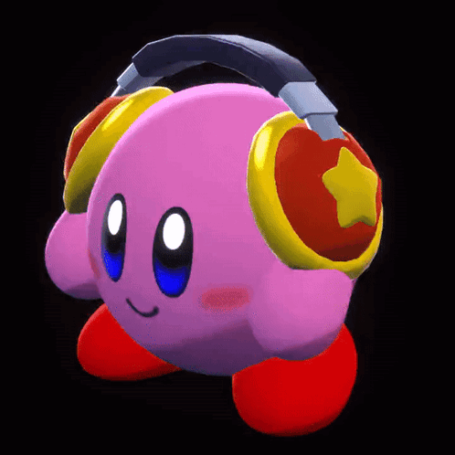 A Pink Kirby Wearing Headphones With A Gold Star On Them GIF