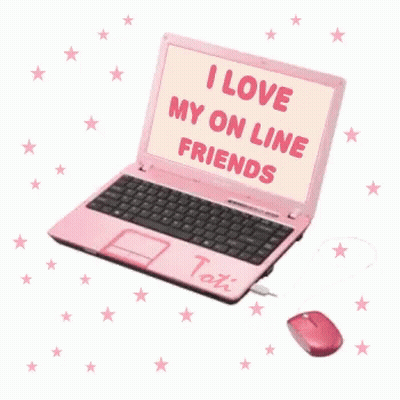 A Pink Laptop That Says ' I Love My On Line Friends ' On The Screen GIF
