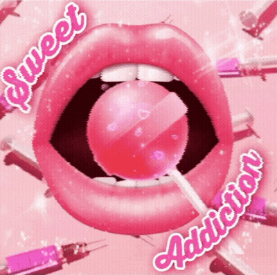 A Pink Lollipop In A Woman 'S Mouth With The Words Sweet Addiction Written Around It GIF