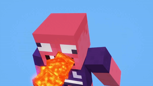 A Pink Minecraft Character With A Purple Shirt Is Eating A Piece Of Lava GIF