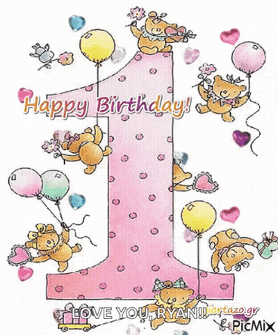 A Pink Number 1 With Teddy Bears Holding Balloons And Flowers GIF