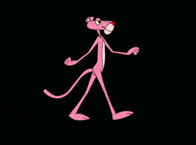 A Pink Panther Is Walking On A Black Background And Looking At The Camera . GIF