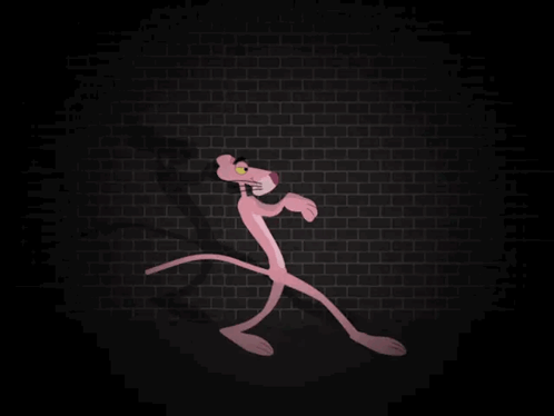 A Pink Panther Stands In Front Of A Brick Wall GIF