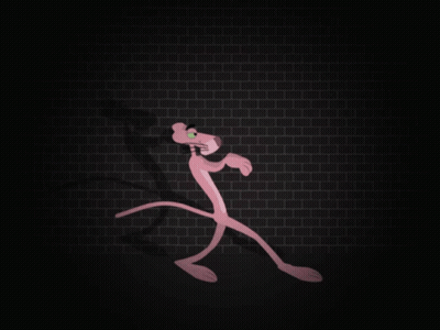 A Pink Panther Stands In Front Of A Brick Wall GIF