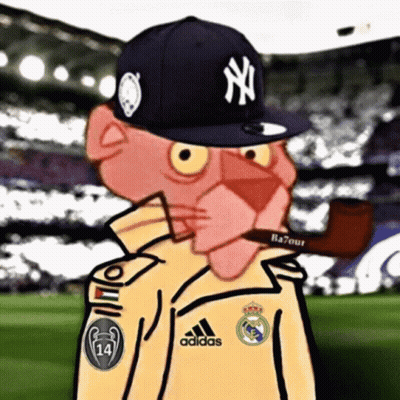 A Pink Panther Wearing A Ny Yankees Hat GIF