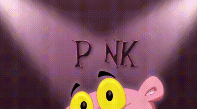 A Pink Panther With Big Yellow Eyes Is Standing In Front Of A Pink Background That Says Pnk GIF