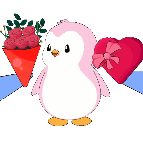 A Pink Penguin Holding A Bouquet Of Roses And A Heart Sticker