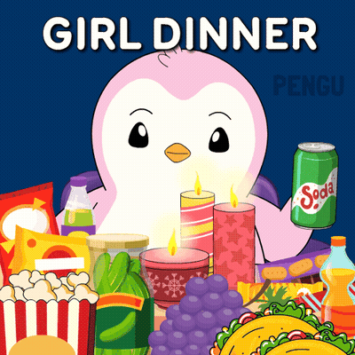 A Pink Penguin Holding A Can Of Soda Sits At A Table With Food GIF