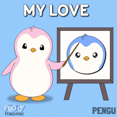 A Pink Penguin Is Pointing At A Blue Penguin On A White Board With The Words " My Love " Above It GIF