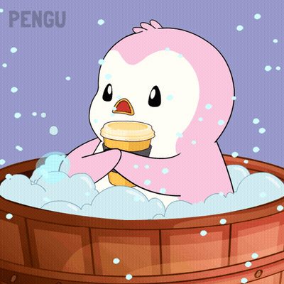 A Pink Penguin Is Sitting In A Wooden Tub Holding A Cup GIF
