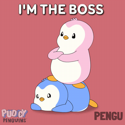 A Pink Penguin Is Sitting On Top Of A Blue Penguin With The Words " I 'M The Boss " Above Them GIF