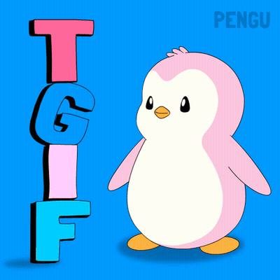 A Pink Penguin Is Standing Next To A Stack Of Letters That Say T G And F GIF