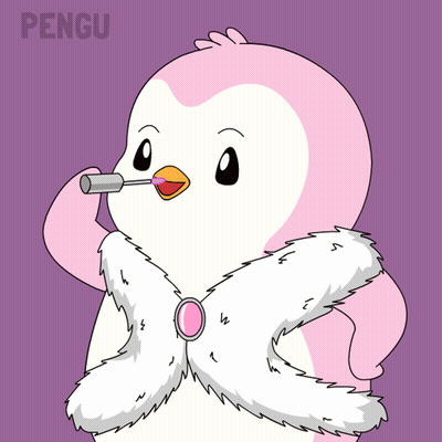 A Pink Penguin Is Wearing A White Fur Coat And Holding A Lipstick In Its Beak GIF
