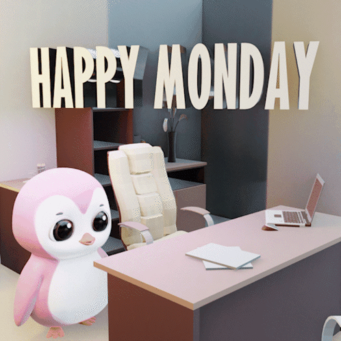 A Pink Penguin Sits In Front Of A Desk With The Words Happy Monday Written Above It GIF