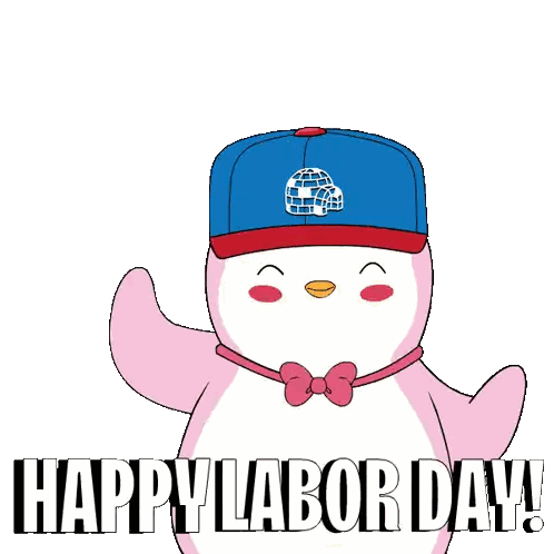 A Pink Penguin Wearing A Blue Hat And A Bow Tie Says " Happy Labor Day " Sticker