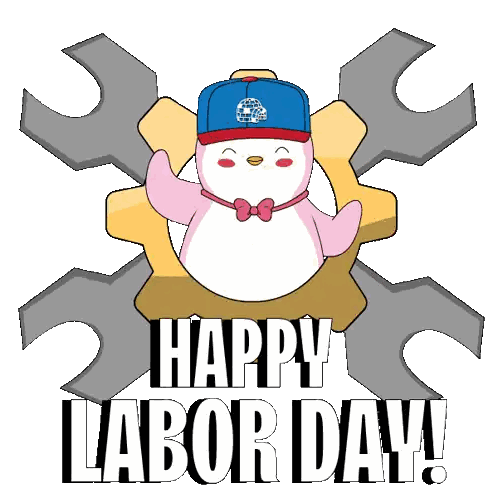 A Pink Penguin Wearing A Blue Hat And Bow Tie With The Words Happy Labor Day Written Below It Sticker
