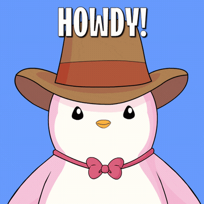 A Pink Penguin Wearing A Cowboy Hat And A Bow Tie Says " Howdy " GIF