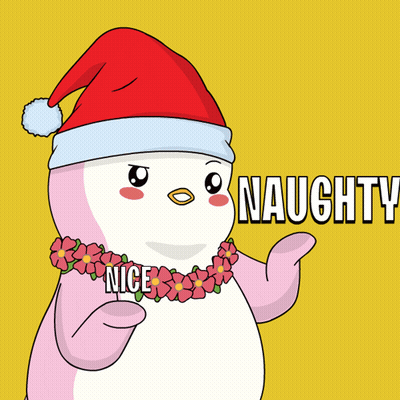 A Pink Penguin Wearing A Santa Hat And A Lei Says Naughty GIF