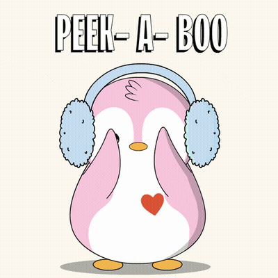 A Pink Penguin Wearing Ear Warmers With The Words Peek-A-Boo On The Bottom GIF