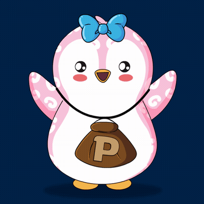 A Pink Penguin With A Blue Bow Holds A Brown Bag That Says P On It GIF