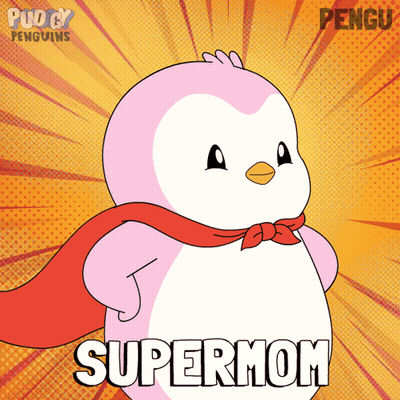 A Pink Penguin With A Red Cape And The Word Supermom GIF