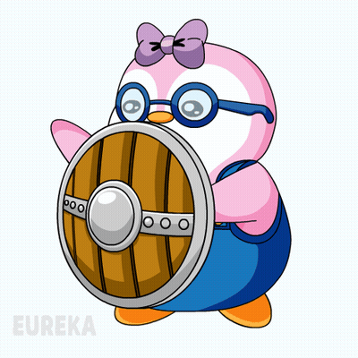 A Pink Penguin With Glasses And A Bow Holding A Shield GIF