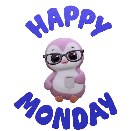 A Pink Penguin With Glasses Is Holding A Cup Of Coffee And The Words Happy Monday Are Below It Sticker