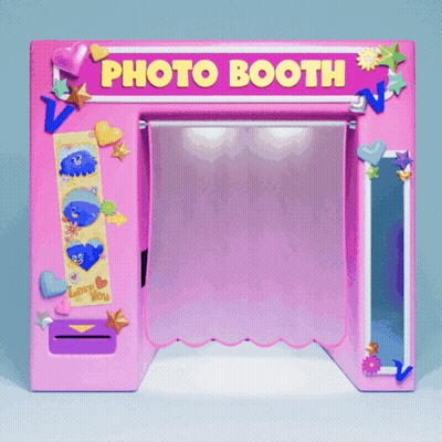 A Pink Photo Booth With Hearts And Stars GIF