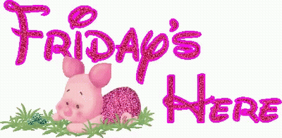 A Pink Pig Is Laying In The Grass With The Words Friday 'S Here Below It GIF