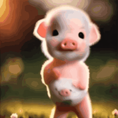 A Pink Pig Is Standing In A Field With Flowers In The Background GIF