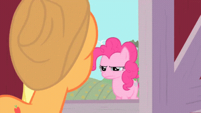 A Pink Pony Looking Out Of A Window With The Word Okey Above Her GIF