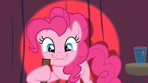 A Pink Pony With A Cane Stands In Front Of A Red Curtain GIF
